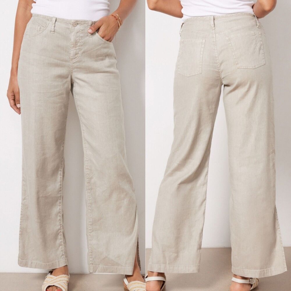 Evereve Sundae Wide‎ Leg Pants Beige Linen Size 30 Split Hem Preppy Athleisure